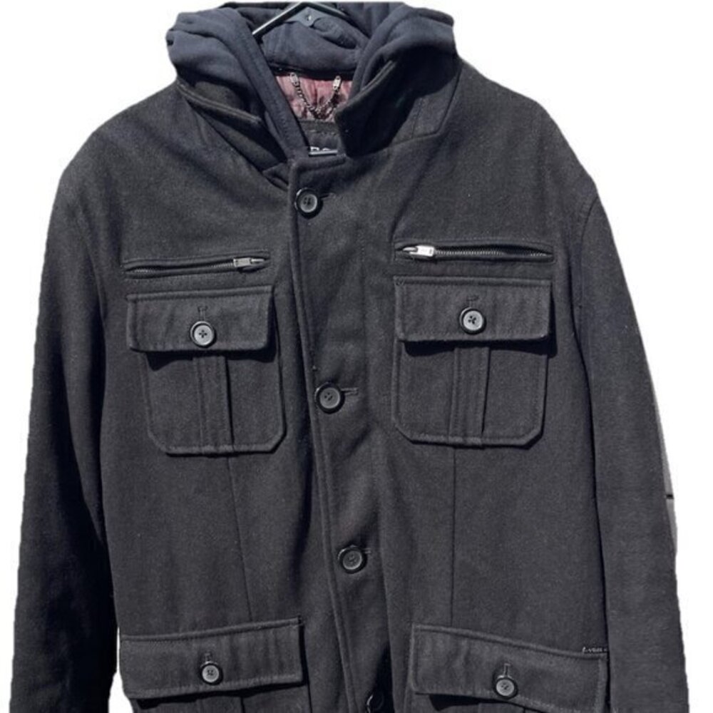 Vintage Guess Men’s Sz L Wool Long Pea Coat Black Full Zip Quilted Lining Hood